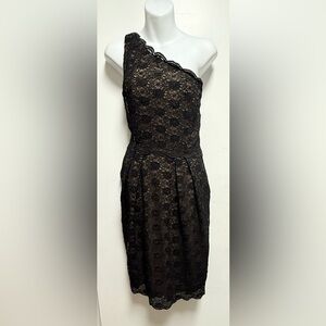 Alex Evenings Black and Tan Asymmetrical Pleated Cocktail Dress